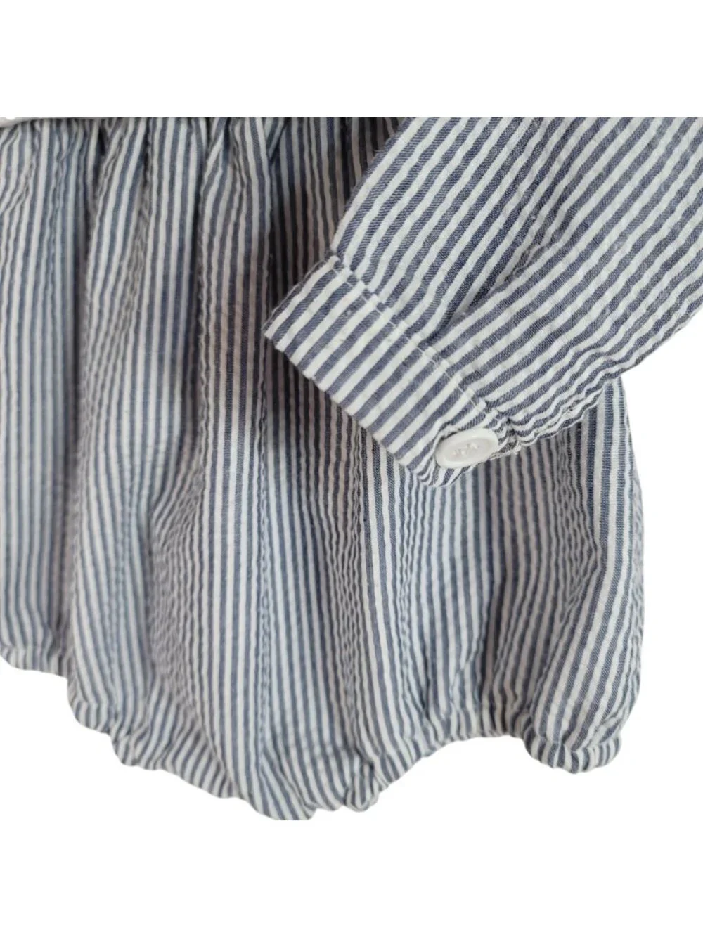 Dapperly Done Baptism Romper Blue White 6-12M Striped Seersucker Long Sleeve